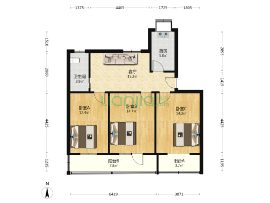 建筑村 3室1厅1卫 84平方