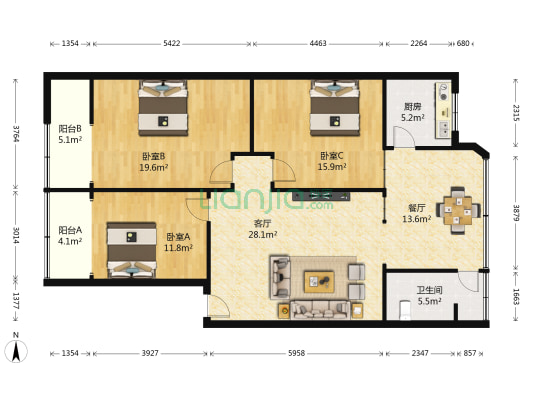 粮食局宿舍 3室2厅1卫 127平方