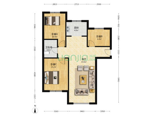 南北通透三居 毛坯 满二 视野开阔 中层-户型图