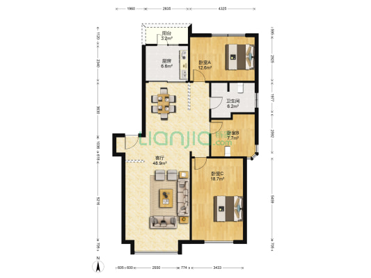 官厅公寓 3室1厅1卫 128平方