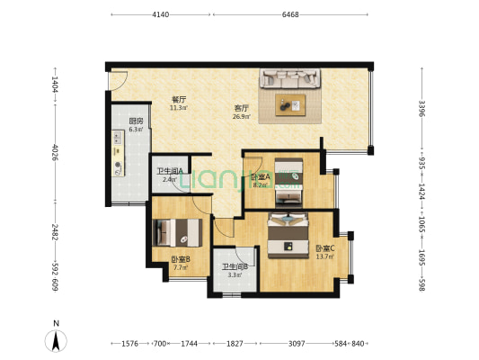 世城悦湖花园 3室2厅2卫 103平方