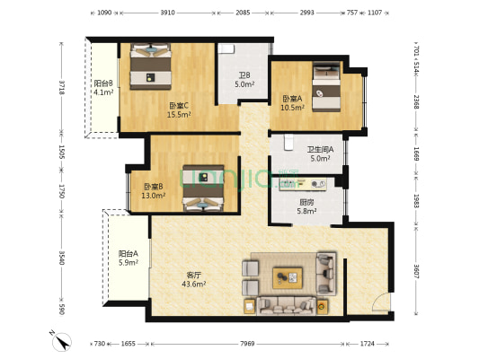 闲山悦五区 3室1厅2卫 123平方