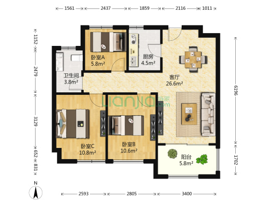 海亮珑园 3室1厅1卫 87平方