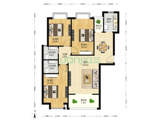 世纪星城 3室1厅2卫 122平方