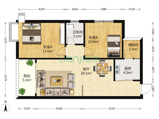 恒昌城市丽景 2室1厅1卫 89平方