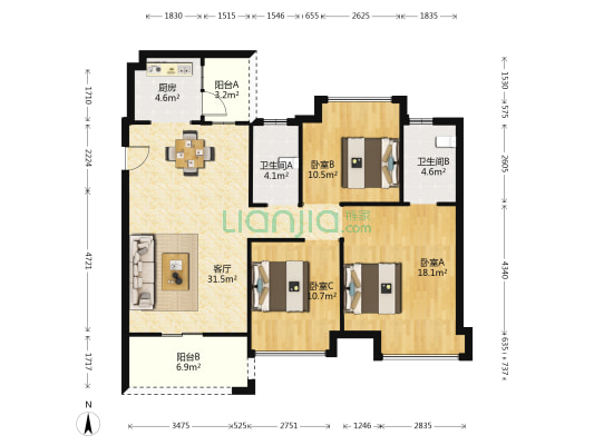 丽雅花园 3室1厅2卫 113平方