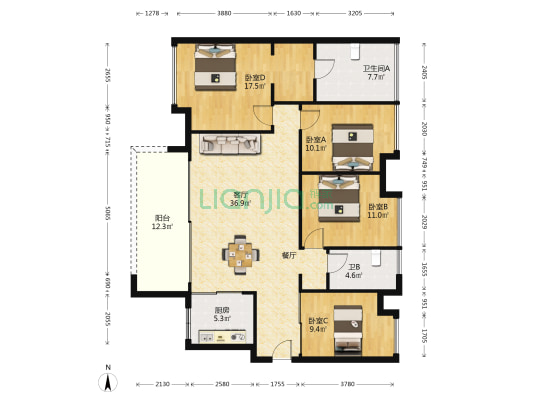九洲保利天和和风 4室1厅2卫 134平方