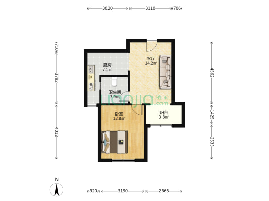 鹏兆苑 1室1厅1卫 58平方