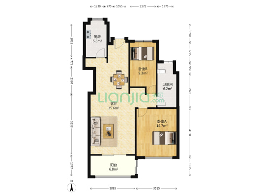 万科金色城市 2室1厅1卫 98平方