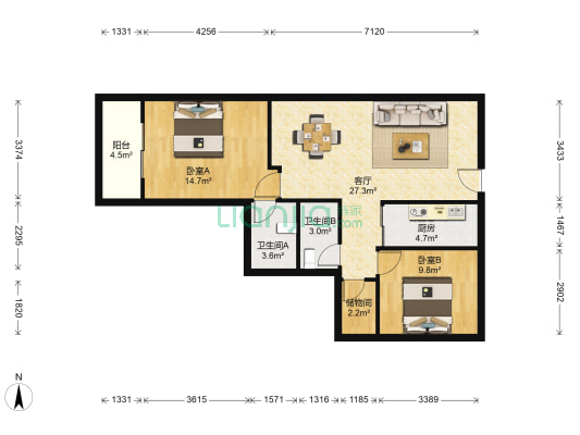 云广路38号 2室1厅2卫 91平方