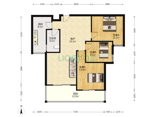 华侨世界北区 3室1厅1卫 114平方