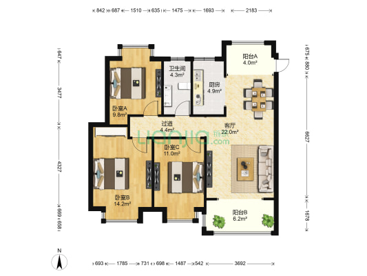 恒锦花苑三区 3室1厅1卫 99平方