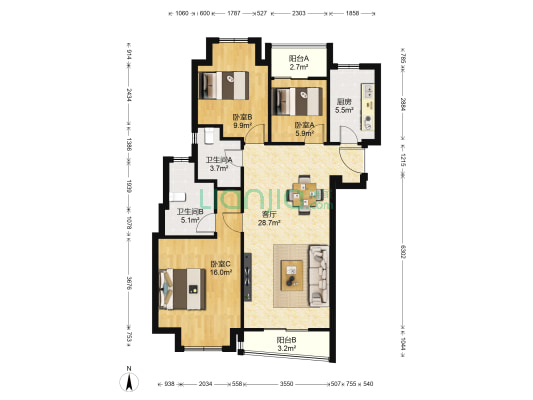 万科鑫苑SkyPark云璞 3室1厅2卫 110平方
