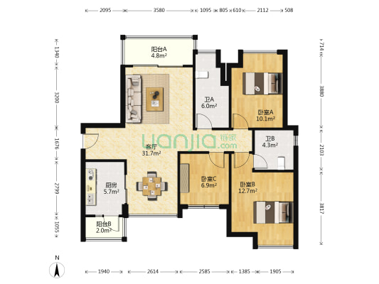 保利西雅图二期 3室1厅2卫 100平方