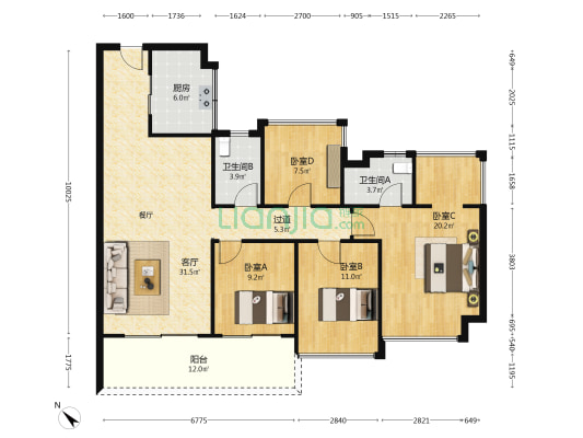 中海源境 4室1厅2卫 124平方