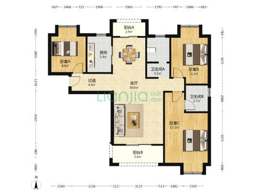 龙辰丽湾二期 3室1厅2卫 126平方
