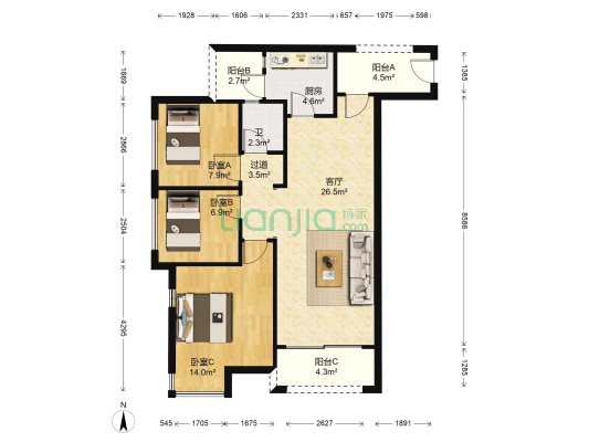 金科城幸福里 3室1厅1卫 97平方