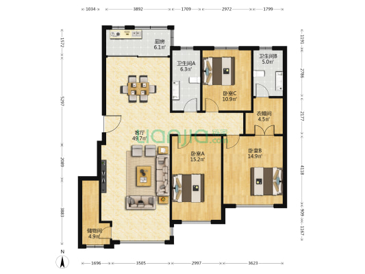 将军府3号 3室1厅2卫 145平方