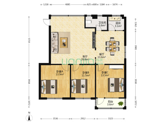 监狱宿舍小区 3室2厅1卫 107平方