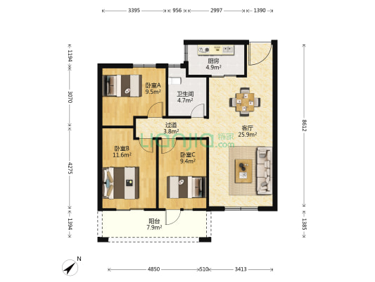 翰林尚苑 3室1厅1卫 102平方