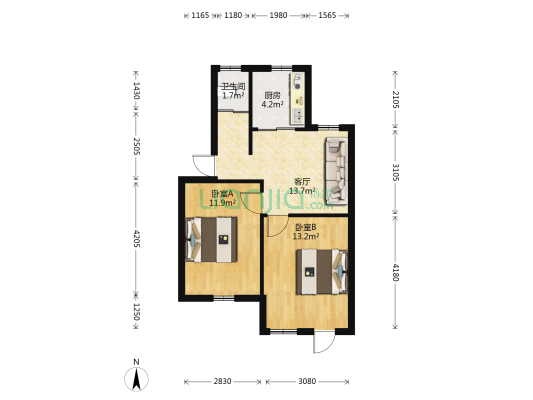 计生宿舍 2室1厅1卫 58平方