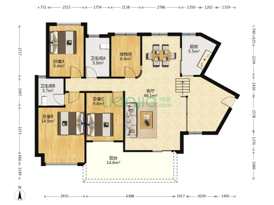 熙龙花园 3室1厅2卫 120平方