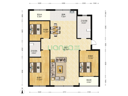 金福苑C区 3室1厅2卫 156平方