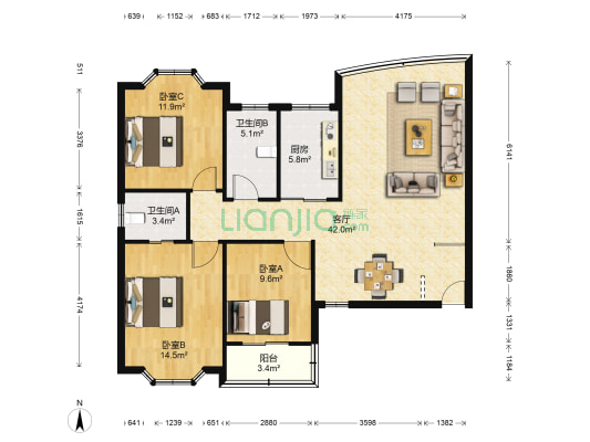 永泰广场 3室1厅2卫 129平方