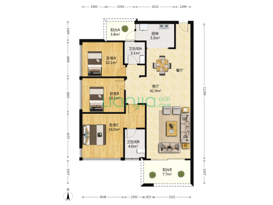 盛邦珑湖 3室1厅2卫 92平方