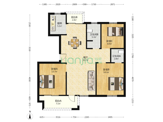 滨湖丽景花园G区 3室1厅2卫 119平方