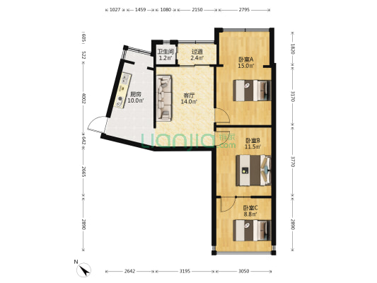 昆明市中医院住宿区 3室1厅1卫 70平方