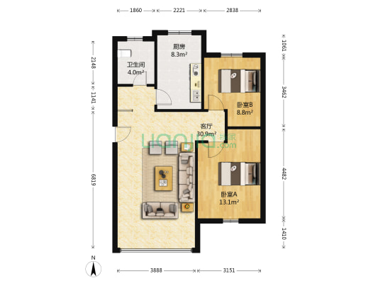 海棠苑北区 2室1厅1卫 75平方