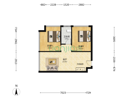 招商雍华府A区 2室1厅1卫 72平方