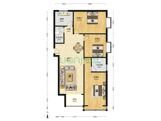 银河小区 3室1厅2卫 155平方