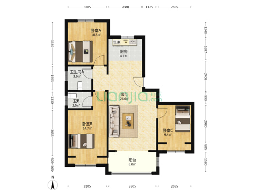 恒益·幸福嘉苑 3室1厅2卫 125平方