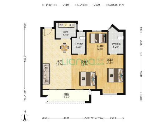 卧龙万诚府 3室1厅2卫 96平方