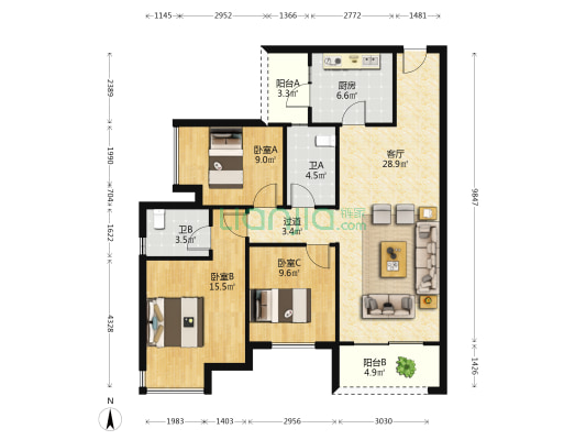 中建御湖壹号D御园 3室1厅2卫 109平方