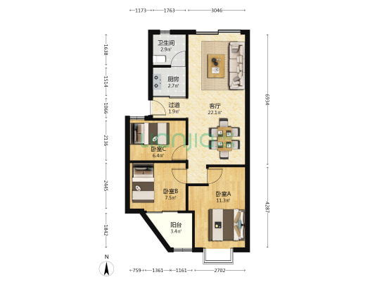 东风东路699号大院 3室1厅1卫 62平方