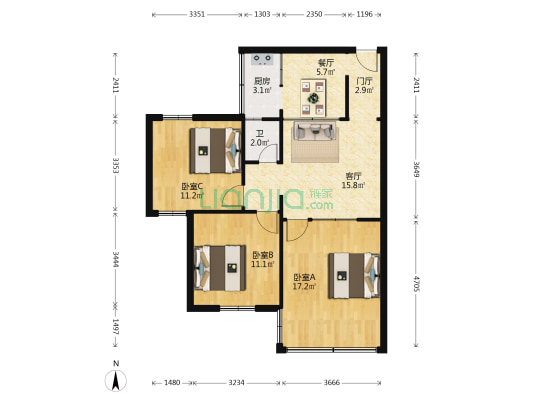 盐中教师楼 3室2厅1卫 86平方