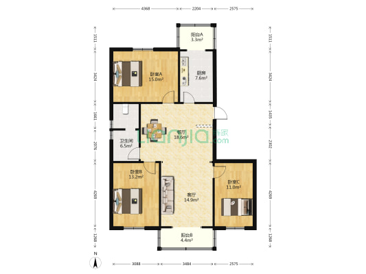 纯美公寓 3室2厅1卫 118平方