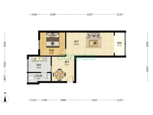 通济中坊二号院 1室2厅1卫 62平方