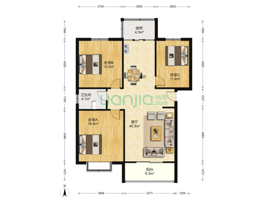 在水一方南区 3室1厅1卫 120平方