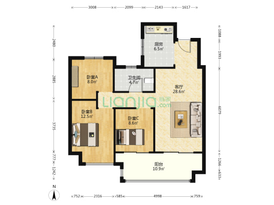 保利颍州堂悦C区 3室1厅1卫 108平方