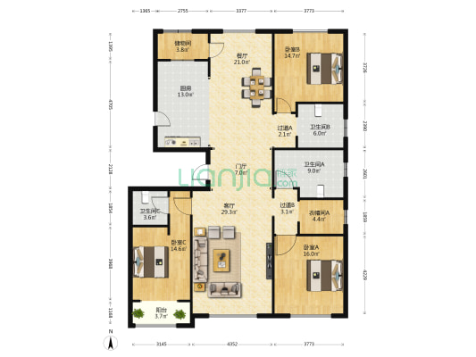 东尚香樟园 3室2厅3卫 196平方