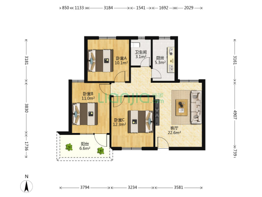 毅宏花园 3室1厅1卫 85平方