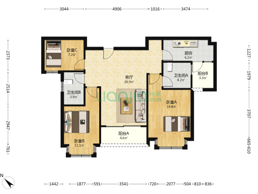 松湖悦龙台 3室1厅2卫 110平方