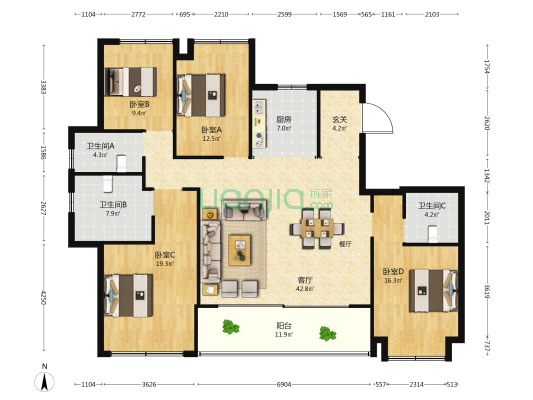 尚品美寓 4室1厅3卫 166平方