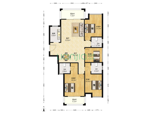 蓝庭国际 4室2厅3卫 144平方