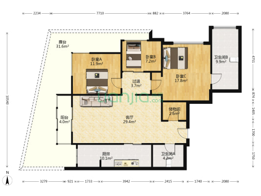 山海天家园 3室1厅2卫 136平方