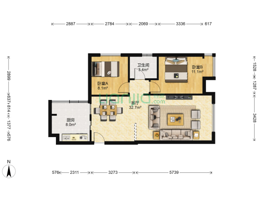 中铁城锦南汇 2室1厅1卫 77平方
